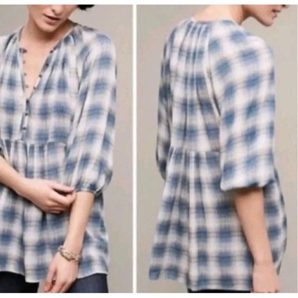 Maeve Anthropologie Plaid Rayon Oversized Peplum Tunic Cavalon Top Size Large